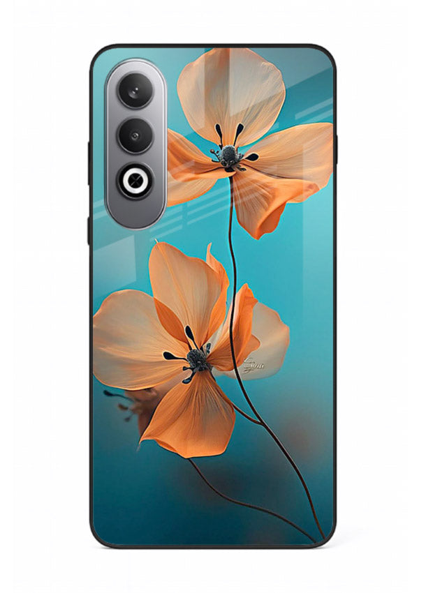 Orange petal artwork on OnePlus Nord CE4 glass back cover with bright lively floral shading.