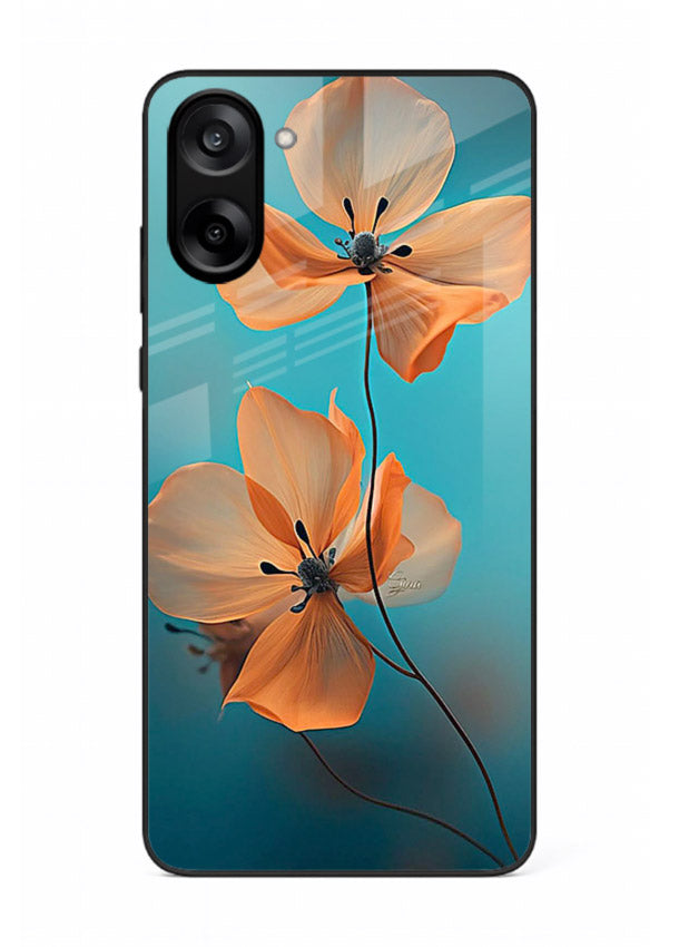 Orange petal artwork on OnePlus Nord CE5 glass back cover with bright lively floral shading.