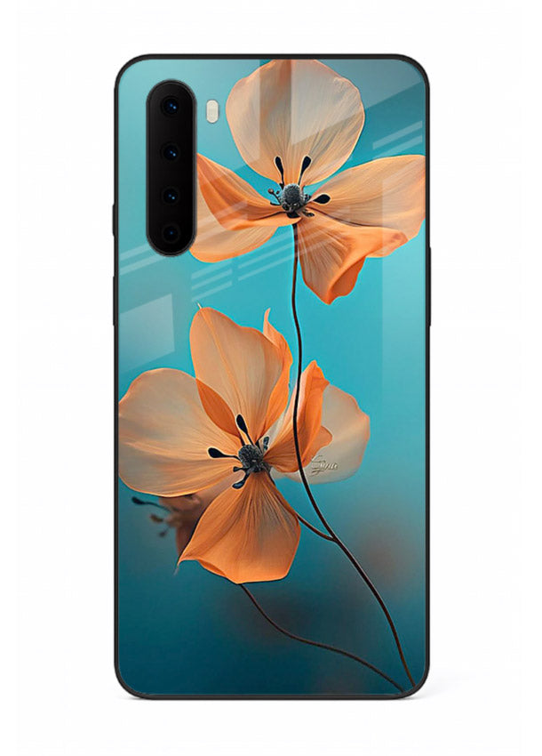 Orange petal artwork on OnePlus Nord glass back cover with bright lively floral shading.