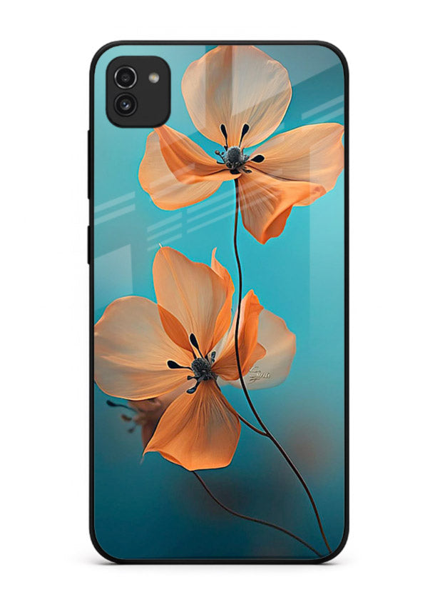 Orange petal artwork on Samsung A03 glass back cover with bright lively floral shading.