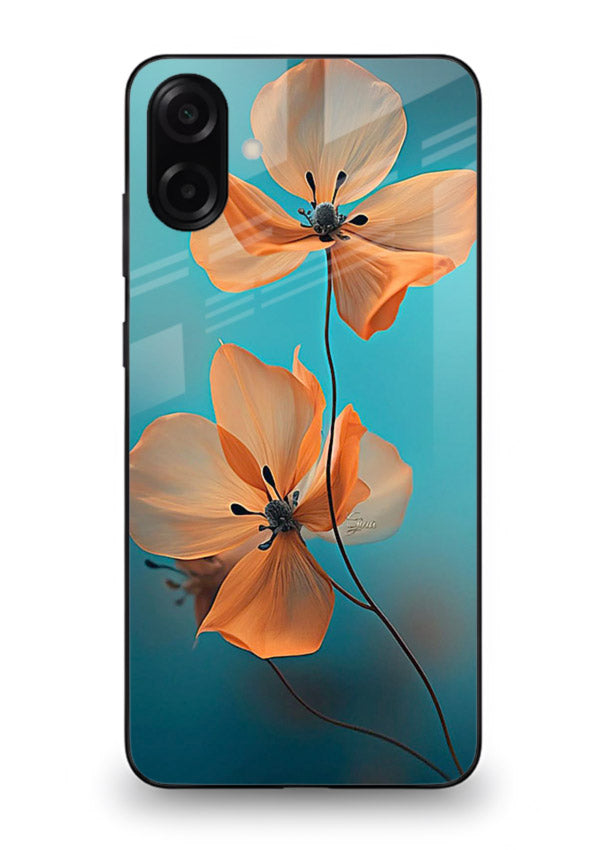 Orange petal artwork on Samsung A06 5G glass back cover with bright lively floral shading.
