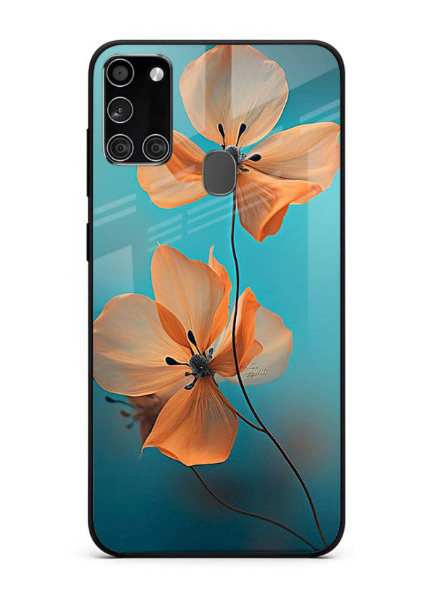 Orange petal artwork on Samsung A21s glass back cover with bright lively floral shading.