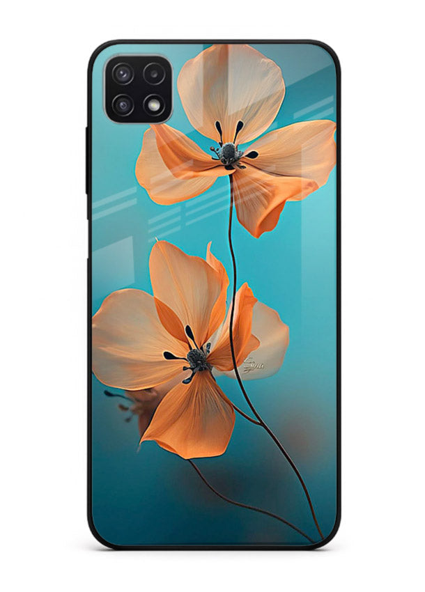 Orange petal artwork on Samsung F42 5G glass back cover with bright lively floral shading.