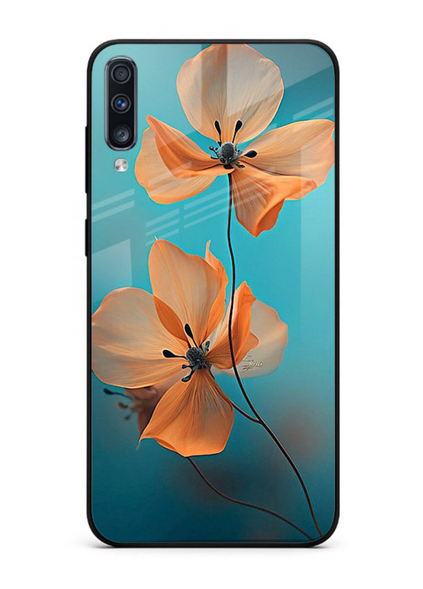 Orange petal artwork on Samsung A70 glass back cover with bright lively floral shading.