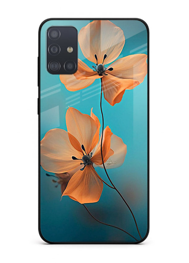 Orange petal artwork on Samsung A71 glass back cover with bright lively floral shading.