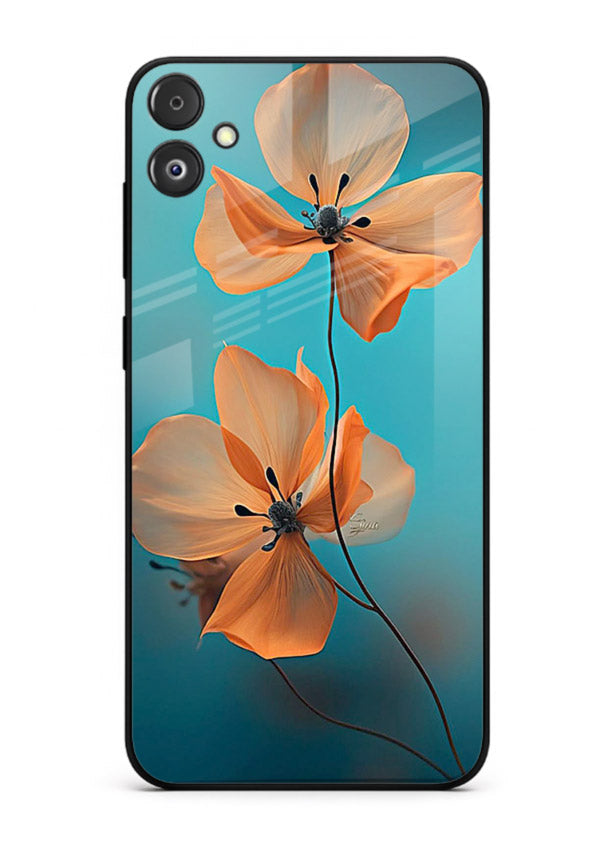 Orange petal artwork on Samsung F05 5G glass back cover with bright lively floral shading.