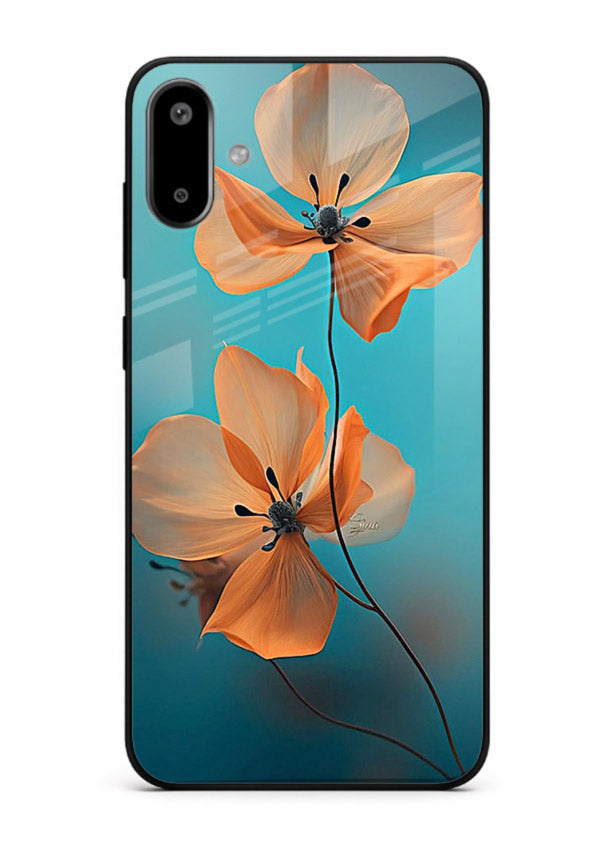Orange petal artwork on Samsung F06 5G glass back cover with bright lively floral shading.