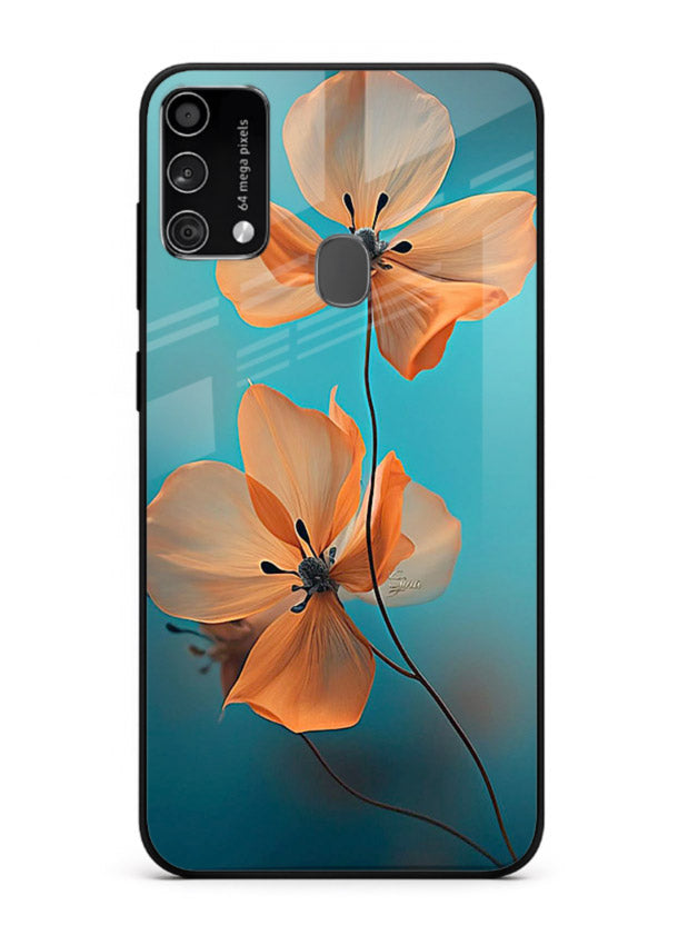 Orange petal artwork on Samsung F41 glass back cover with bright lively floral shading.