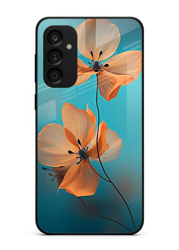 Orange petal artwork on Samsung A04s 5G glass back cover with bright lively floral shading.