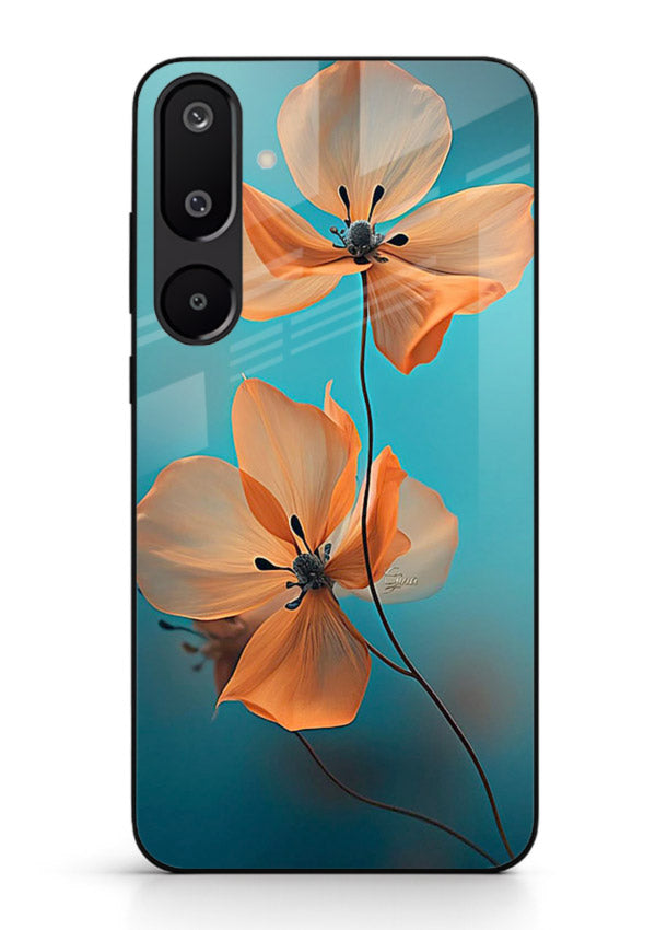 Orange petal artwork on Samsung F16 5G glass back cover with bright lively floral shading.