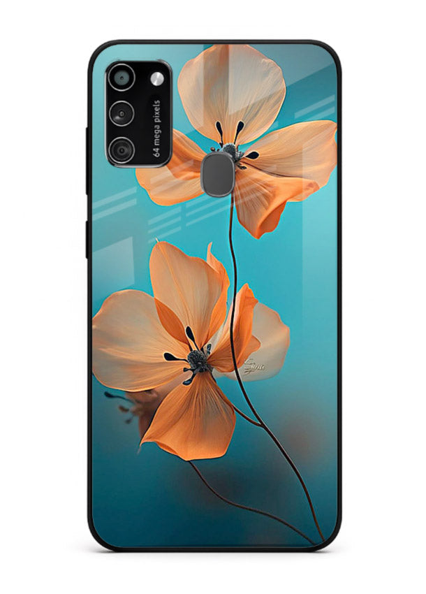 Orange petal artwork on Samsung M30s glass back cover with bright lively floral shading.