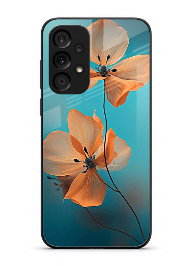 Orange petal artwork on Samsung A23 5G glass back cover with bright lively floral shading.