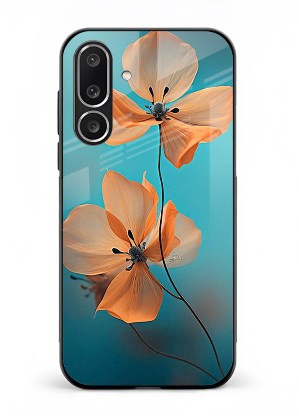 Orange petal artwork on Samsung M56 5G glass back cover with bright lively floral shading.