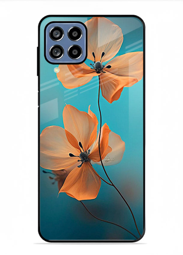 Orange petal artwork on Samsung M53 5G glass back cover with bright lively floral shading.