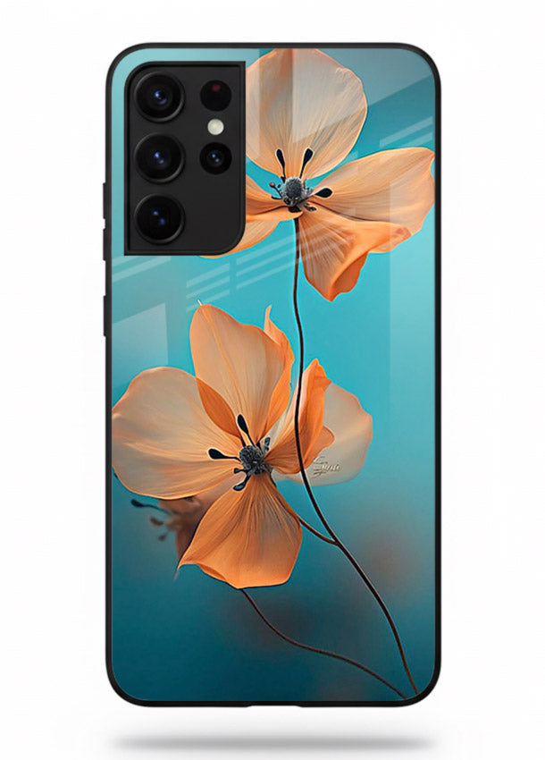 Orange petal artwork on Samsung S21 Ultra glass back cover with bright lively floral shading.