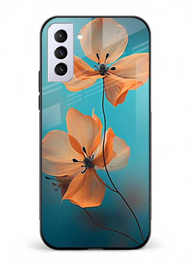 Orange petal artwork on Samsung S21 Plus glass back cover with bright lively floral shading.