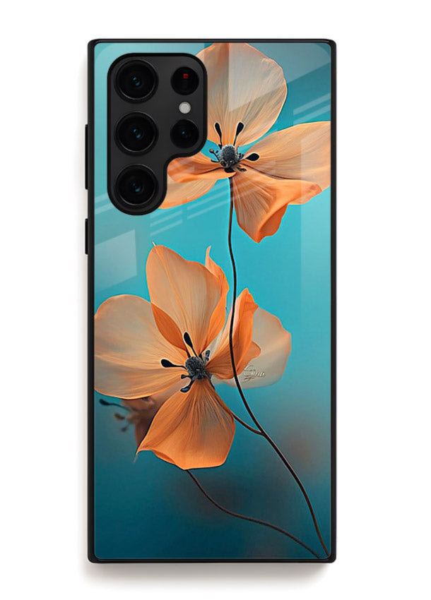Orange petal artwork on Samsung S24 Ultra glass back cover with bright lively floral shading.