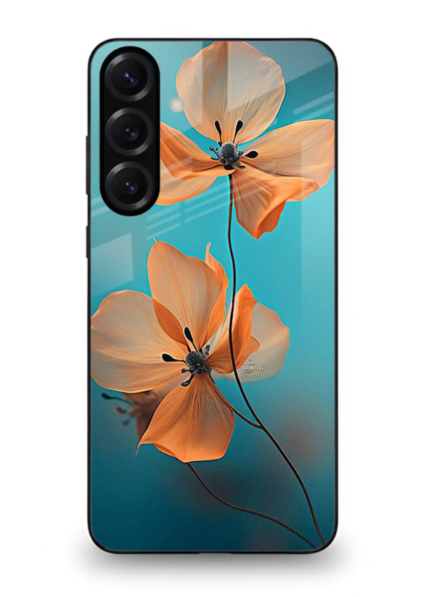 Orange petal artwork on Samsung A36 5G glass back cover with bright lively floral shading.