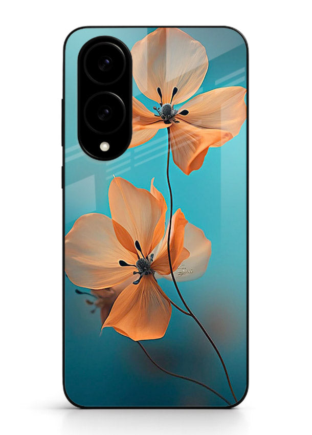 Orange petal artwork on Samsung S25 Edge glass back cover with bright lively floral shading.