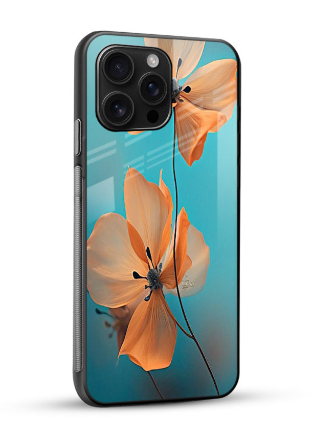 Orange petal artwork on glossy vibrant premium glass back cover with bright lively floral shading. - Angle Side