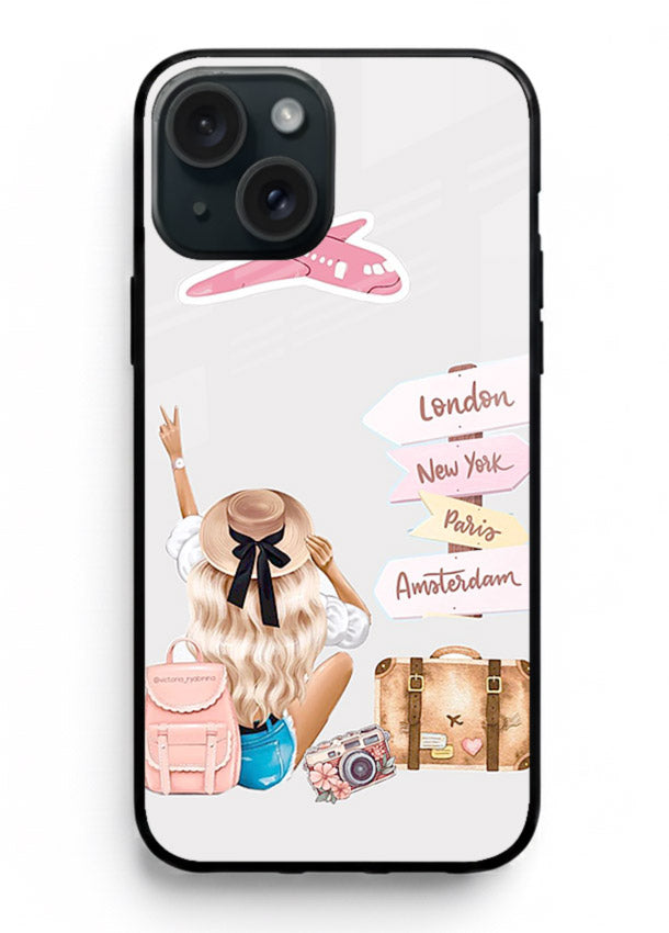 Packing Essentials Illustration cute artwork iphone 15 plus glass back cover