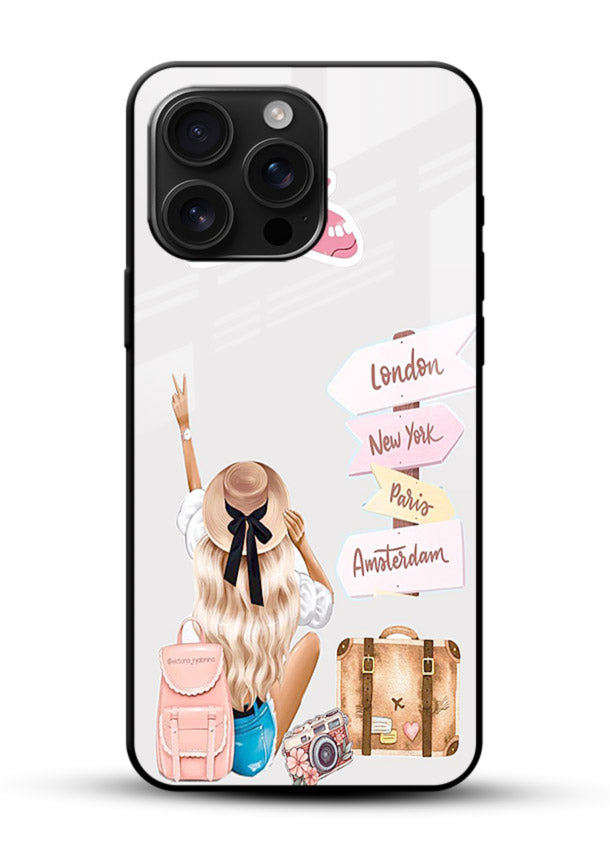 Packing Essentials Illustration cute artwork glossy vibrant premium glass back cover - Angle Front