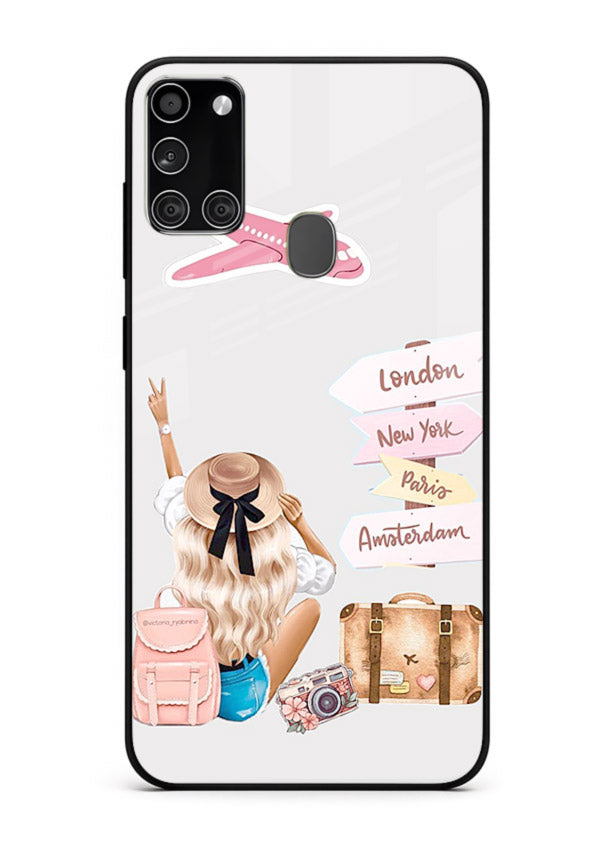 Packing Essentials Illustration cute artwork Samsung A21s glass back cover