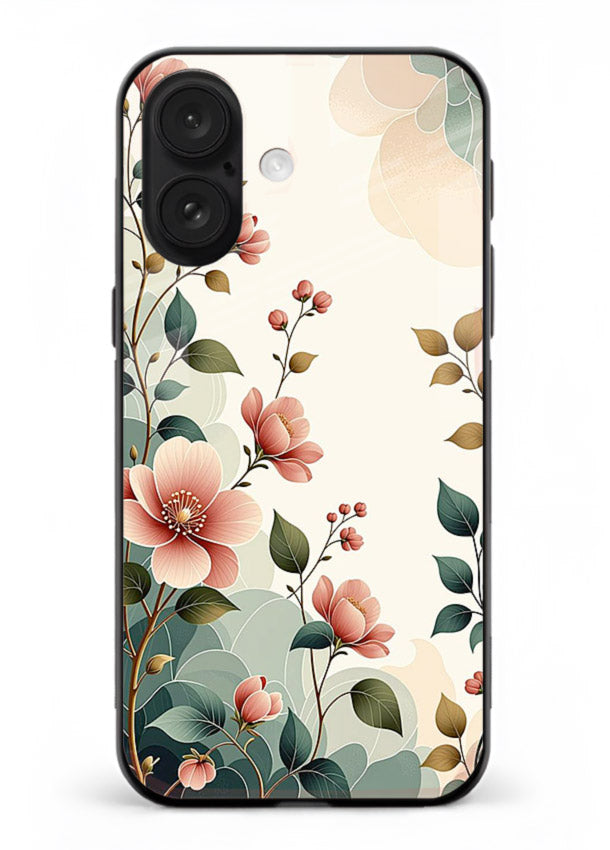 Pastel painted bouquet artwork on iphone 16 plus glass back cover with soft artistic textures.