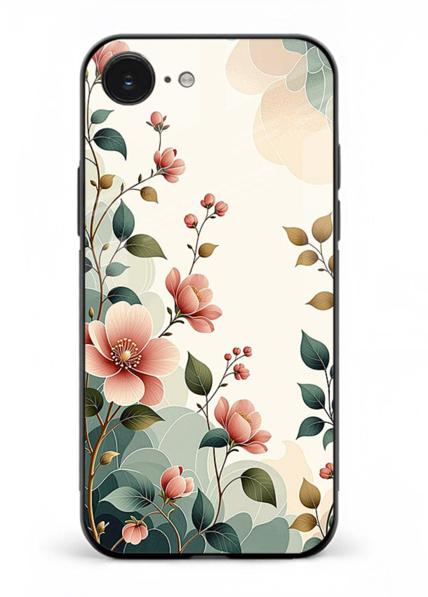 Pastel painted bouquet artwork on iphone 16e glass back cover with soft artistic textures.