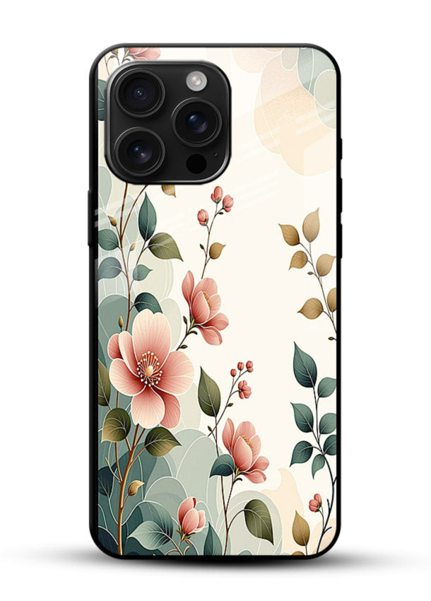 Pastel painted bouquet artwork on glossy vibrant premium glass back cover with soft artistic textures. - Angle Front