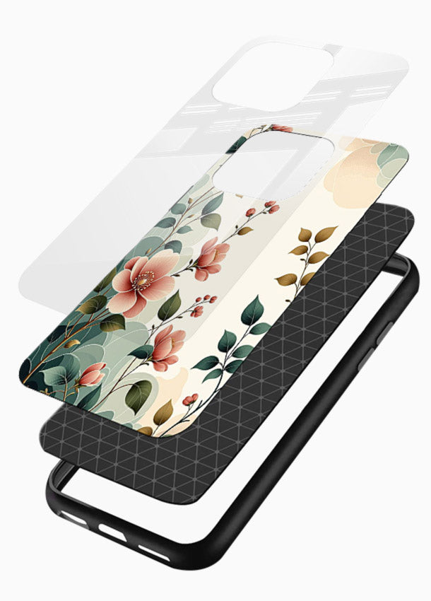 Pastel painted bouquet artwork on glossy vibrant premium glass back cover with soft artistic textures. - Angle Layers