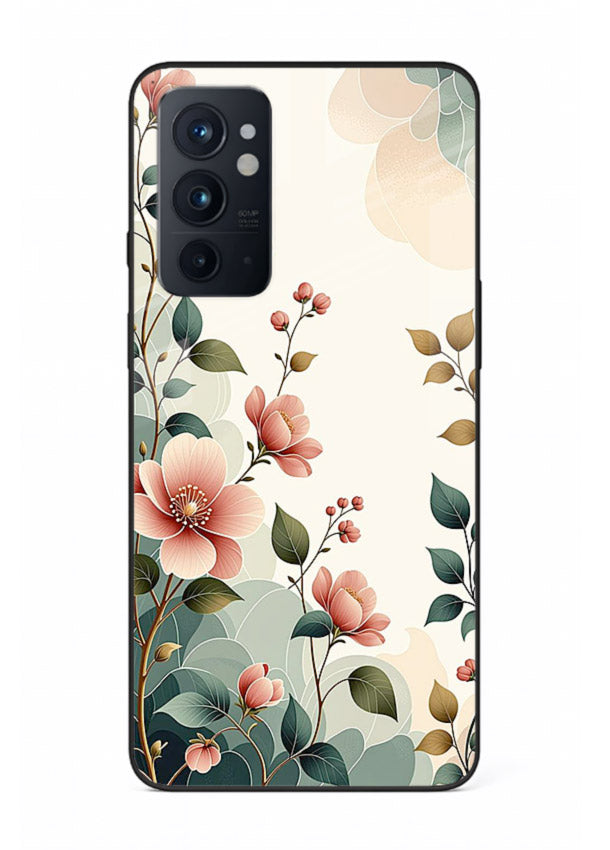 Pastel painted bouquet artwork on OnePlus 9RT glass back cover with soft artistic textures.