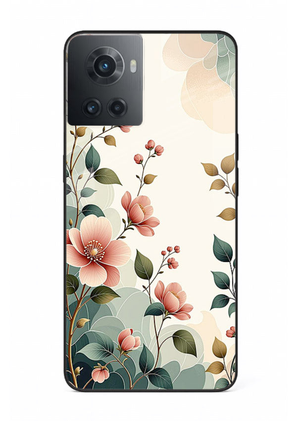 Pastel painted bouquet artwork on OnePlus 10R glass back cover with soft artistic textures.