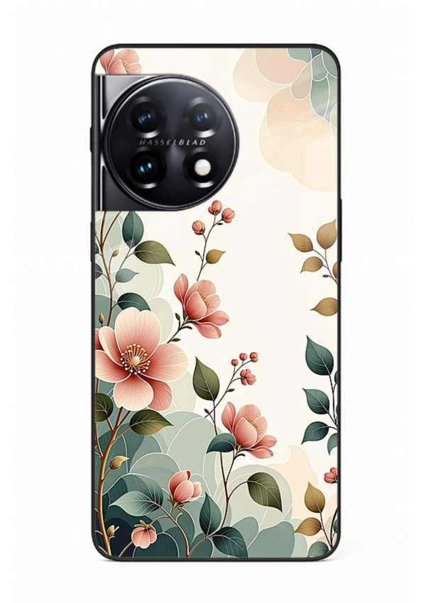 Pastel painted bouquet artwork on OnePlus 11R glass back cover with soft artistic textures.