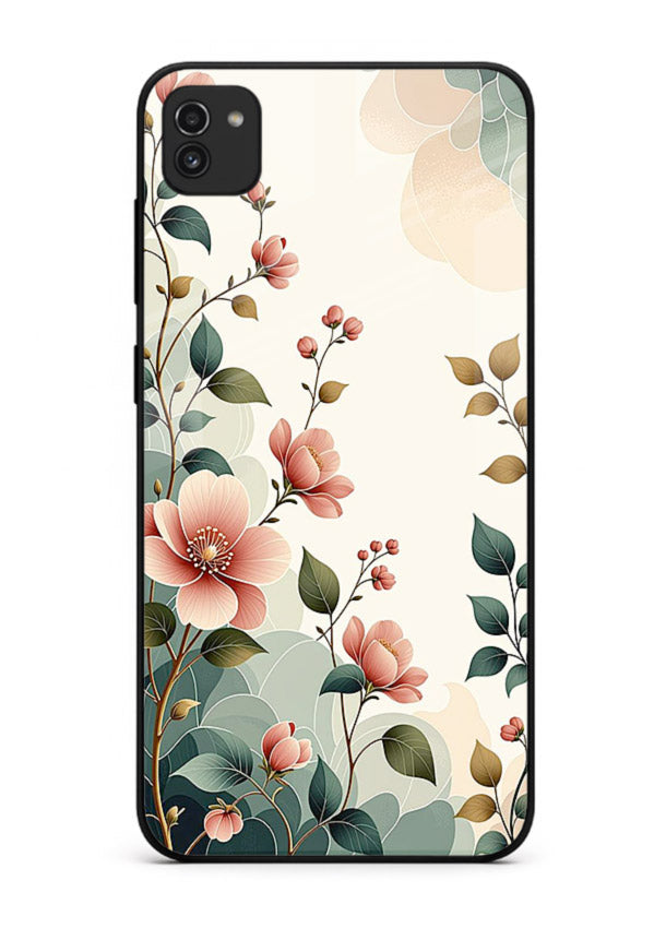 Pastel painted bouquet artwork on Samsung A03 glass back cover with soft artistic textures.