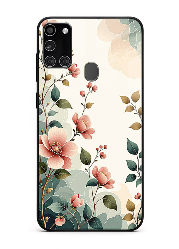 Pastel painted bouquet artwork on Samsung A21s glass back cover with soft artistic textures.