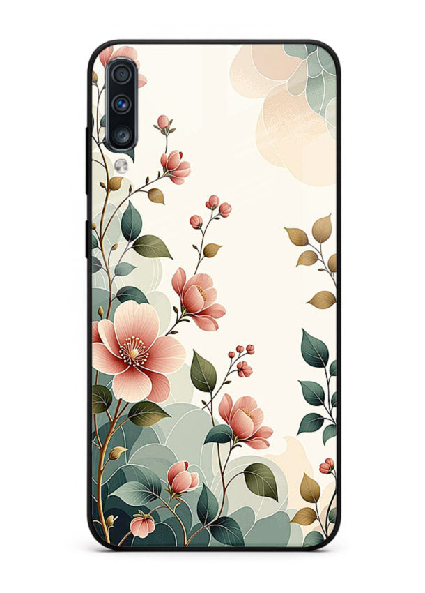 Pastel painted bouquet artwork on Samsung A50 glass back cover with soft artistic textures.