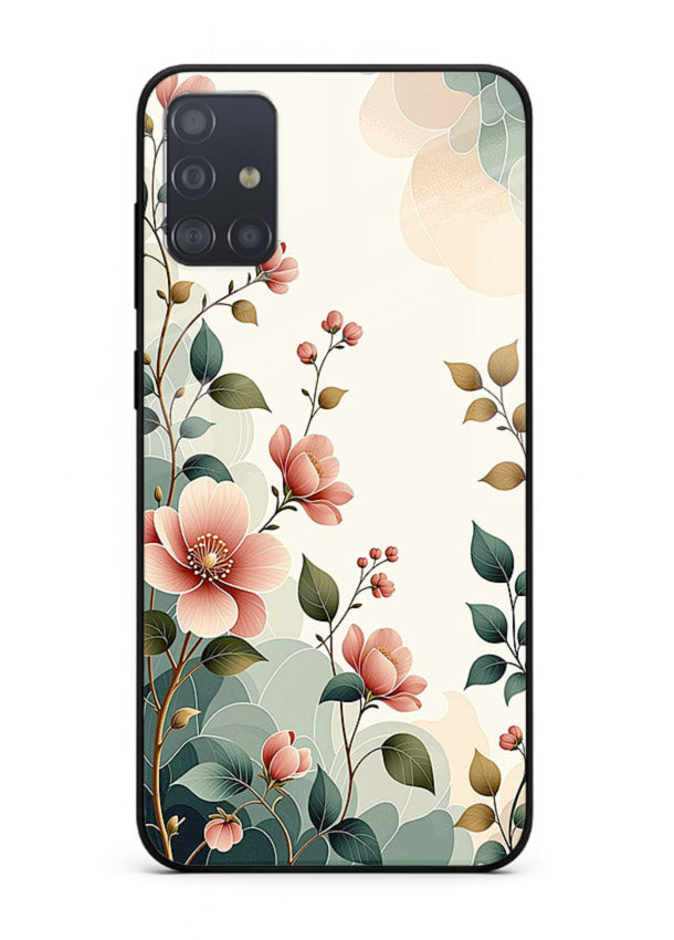 Pastel painted bouquet artwork on Samsung A71 glass back cover with soft artistic textures.