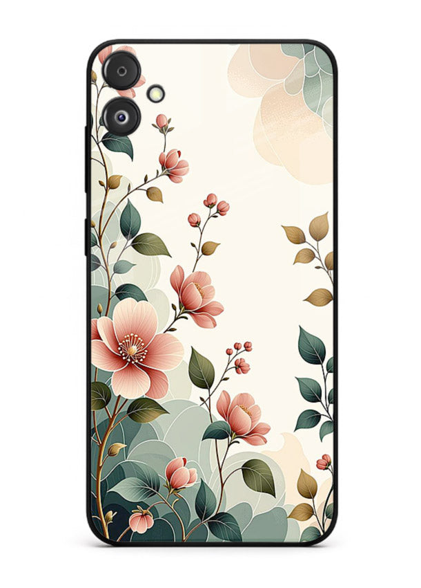 Pastel painted bouquet artwork on Samsung F05 5G glass back cover with soft artistic textures.