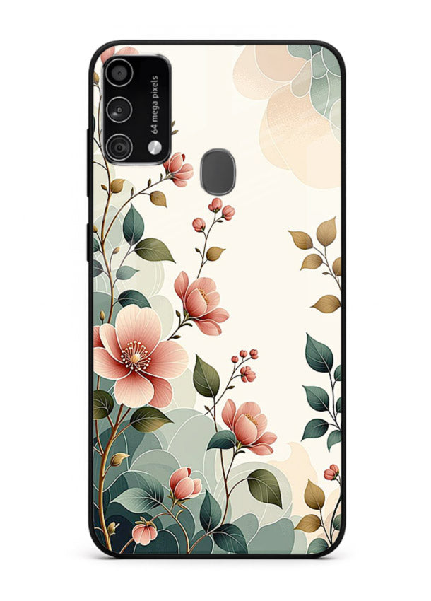 Pastel painted bouquet artwork on Samsung F41 glass back cover with soft artistic textures.