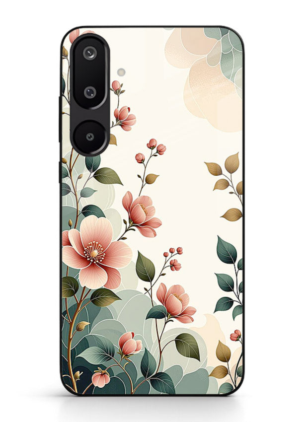Pastel painted bouquet artwork on Samsung F16 5G glass back cover with soft artistic textures.