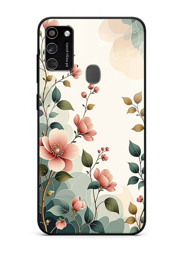 Pastel painted bouquet artwork on Samsung M30s glass back cover with soft artistic textures.