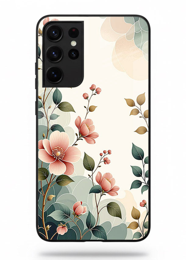 Pastel painted bouquet artwork on Samsung S21 Ultra glass back cover with soft artistic textures.