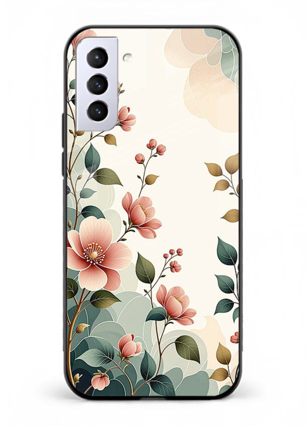 Pastel painted bouquet artwork on Samsung S21 Plus glass back cover with soft artistic textures.