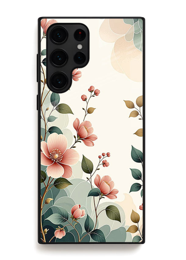 Pastel painted bouquet artwork on Samsung S22 Ultra glass back cover with soft artistic textures.