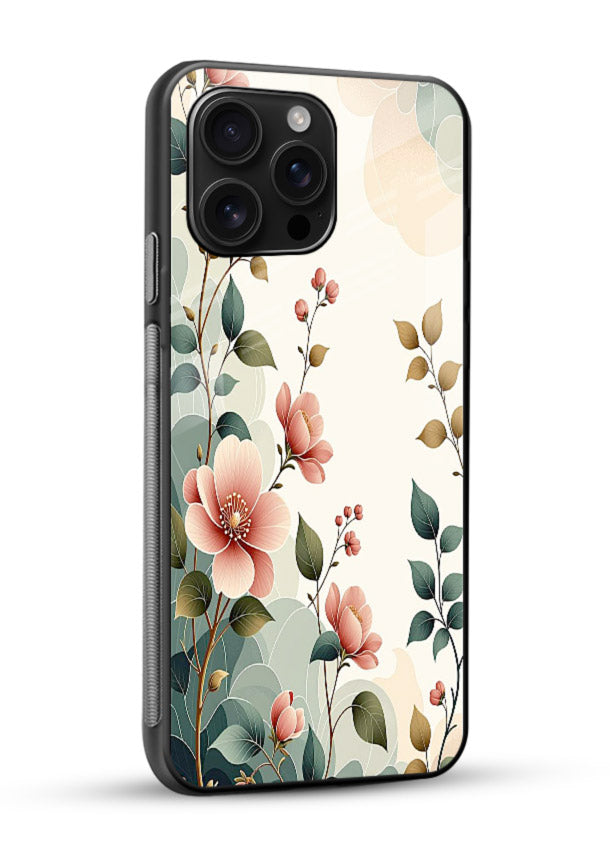 Pastel painted bouquet artwork on glossy vibrant premium glass back cover with soft artistic textures. - Angle Side