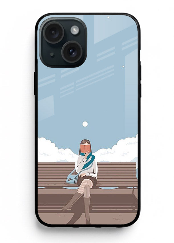 Park Bench Girl aesthetic illustration iphone 15 plus glass back cover