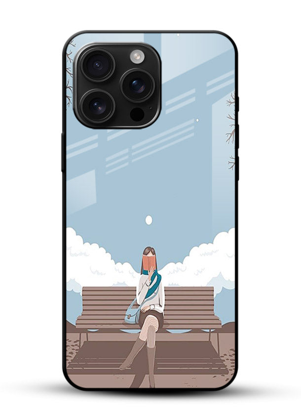 Park Bench Girl aesthetic illustration glossy vibrant premium glass back cover - Angle Front
