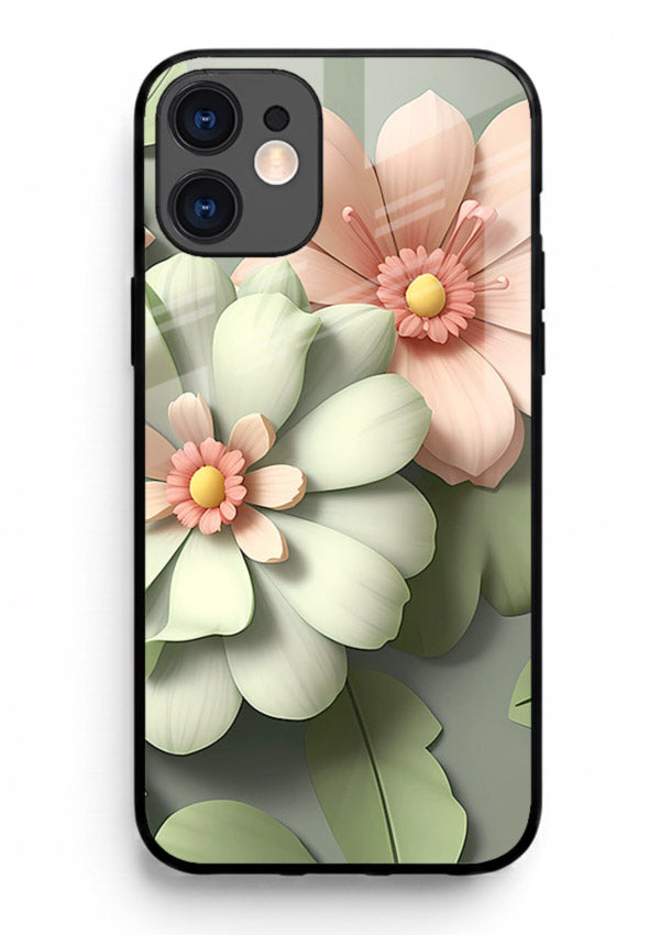 Pastel 3D floral artwork on iphone 11 glass back cover with layered dimensional petals.