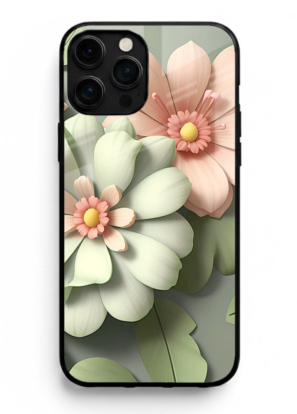 Pastel 3D floral artwork on iphone 16 pro max glass back cover with layered dimensional petals.